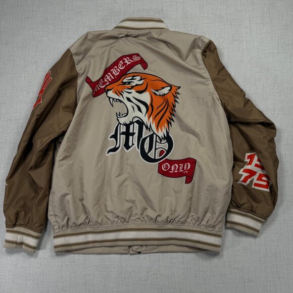 Members Only Varsity Bomber Jacket Beige Brown Patches Tiger Graphic Size L - Picture 2 of 16